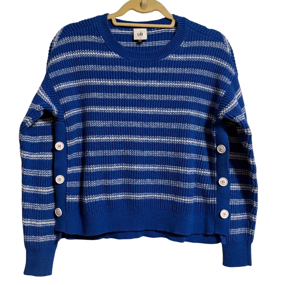 Cabi Blue White Striped Side Button Knit Sweater Womens Small Nautical